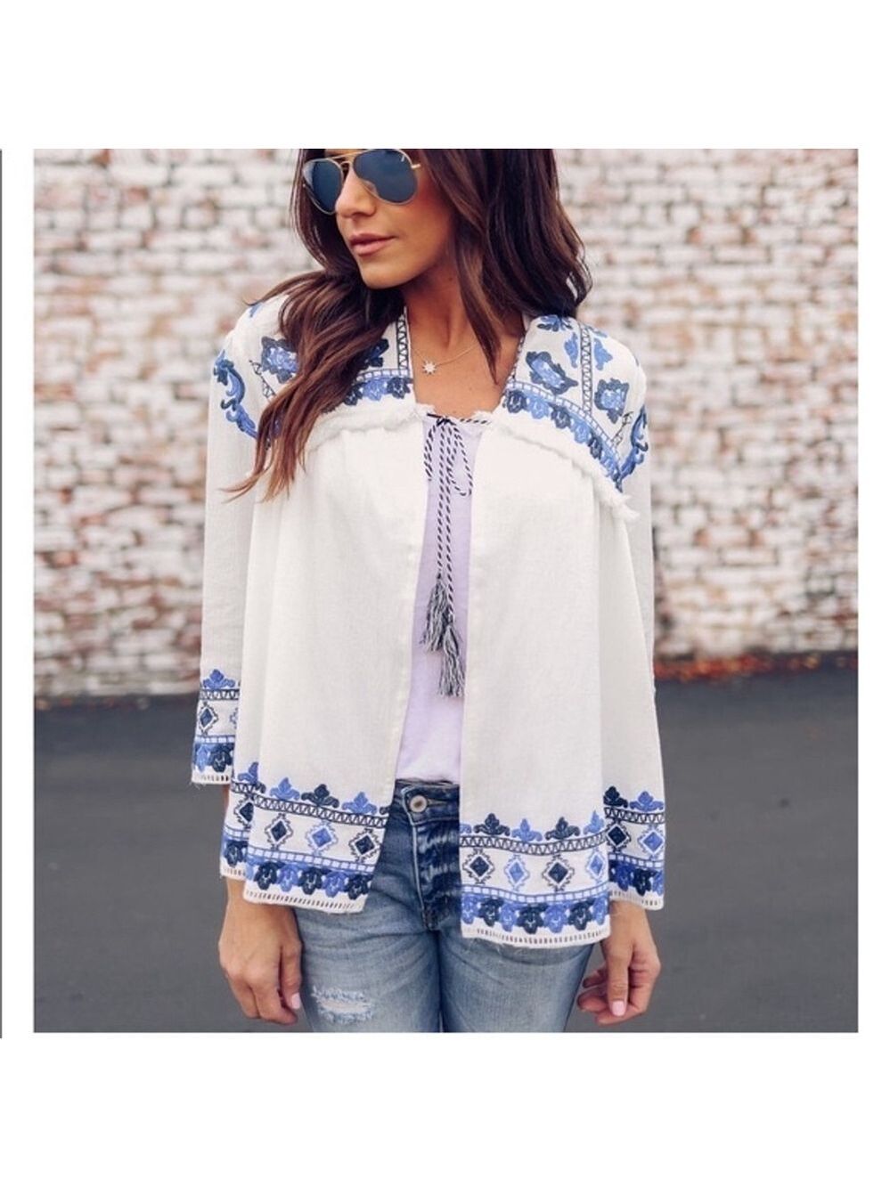 NEW Zara Trafaluc Embroidered Smocked Cardigan Size Medium White and Blue Flawed - Picture 1 of 16